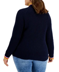 Women's Plus Cotton Striped-Detail Funnel-Neck Sweater