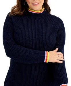 Women's Plus Cotton Striped-Detail Funnel-Neck Sweater