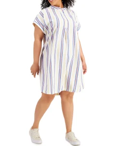 Women's Plus Cotton Striped Camp Shirtdress
