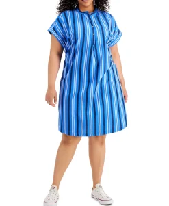 Women's Plus Cotton Striped Camp Shirtdress