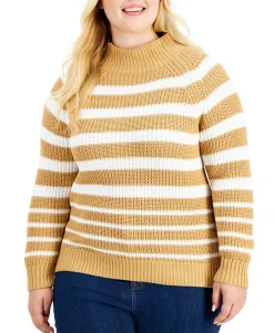 Women's Plus Cotton Striped Funnel-Neck Sweater