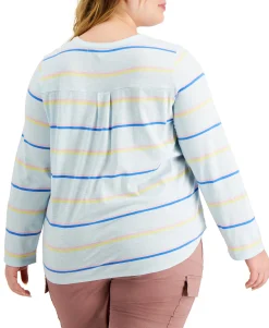 Women's Plus Cotton Striped Roll-Tab Top