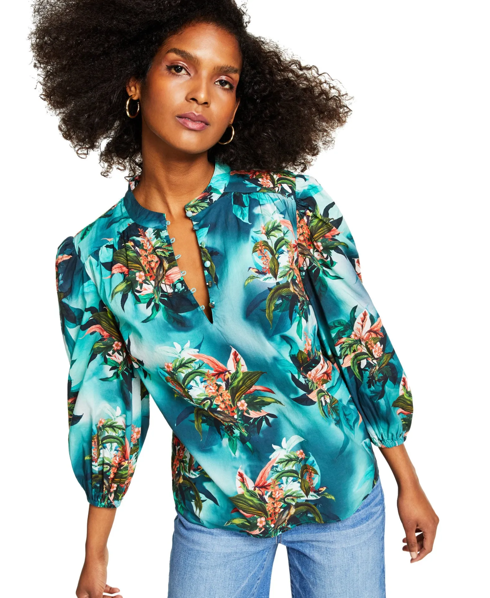 Women's Plus Cotton Tropical-Print Blouse