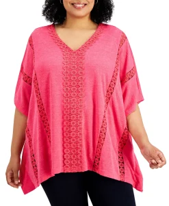 Women's Plus Crochet-Trim Poncho Top