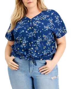 Women's Plus Floral Tie Front Top