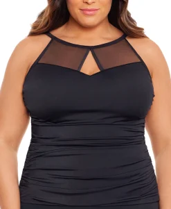 Women's Plus Mesh-Trim Tummy-Control Underwire Tankini Top
