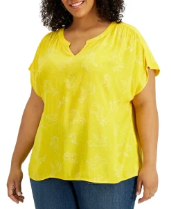 Women's Plus Mixed-Print Split-Neck Top