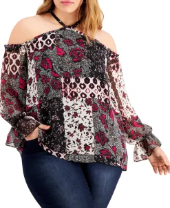 Women's Plus Patchwork Cold-Shoulder Top