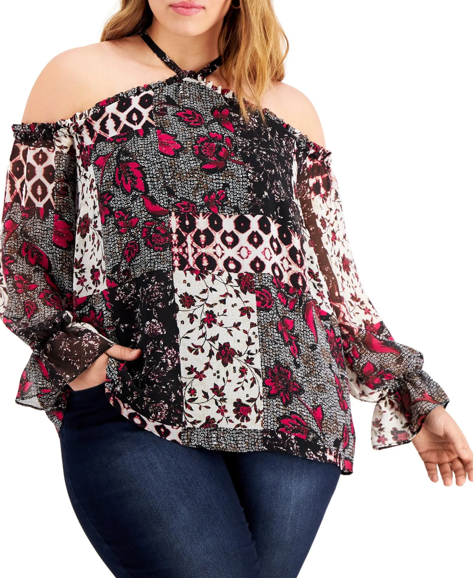 Women's Plus Patchwork Cold-Shoulder Top