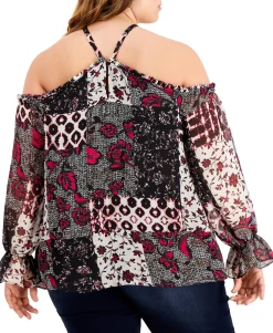 Women's Plus Patchwork Cold-Shoulder Top