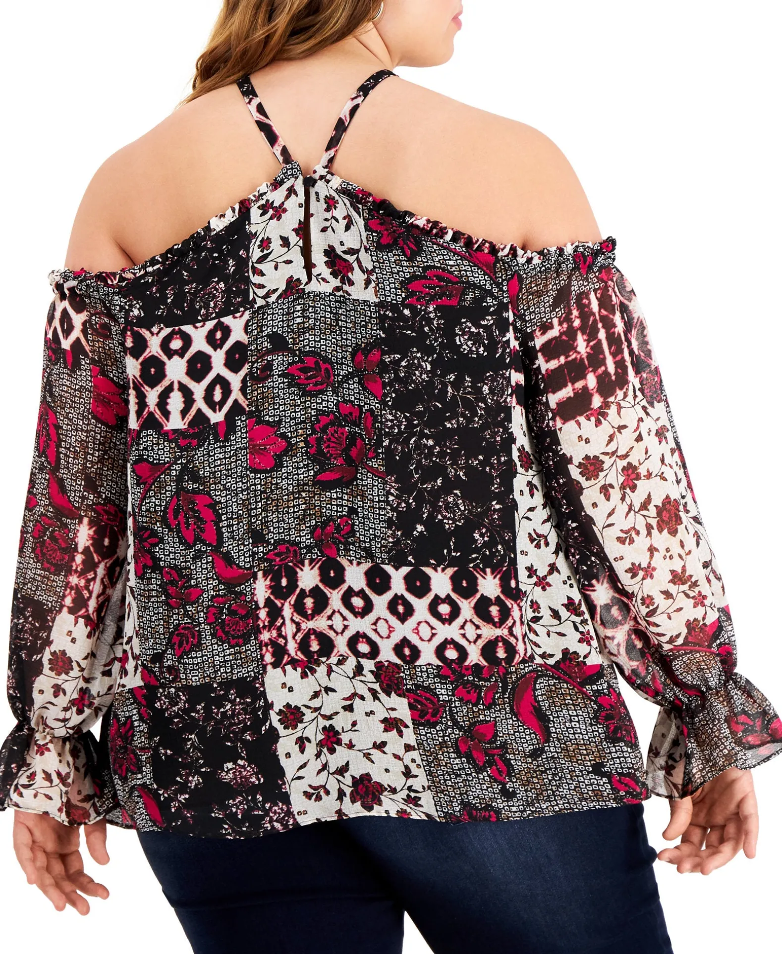 Women's Plus Patchwork Cold-Shoulder Top