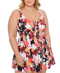 Women's Plus Printed Botanical Beauty Bow-Front Tummy-Control Swimdress