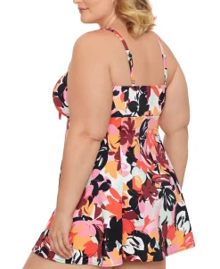 Women's Plus Printed Botanical Beauty Bow-Front Tummy-Control Swimdress