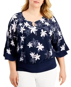 Women's Plus Printed O-Ring Ruffle-Sleeve Top