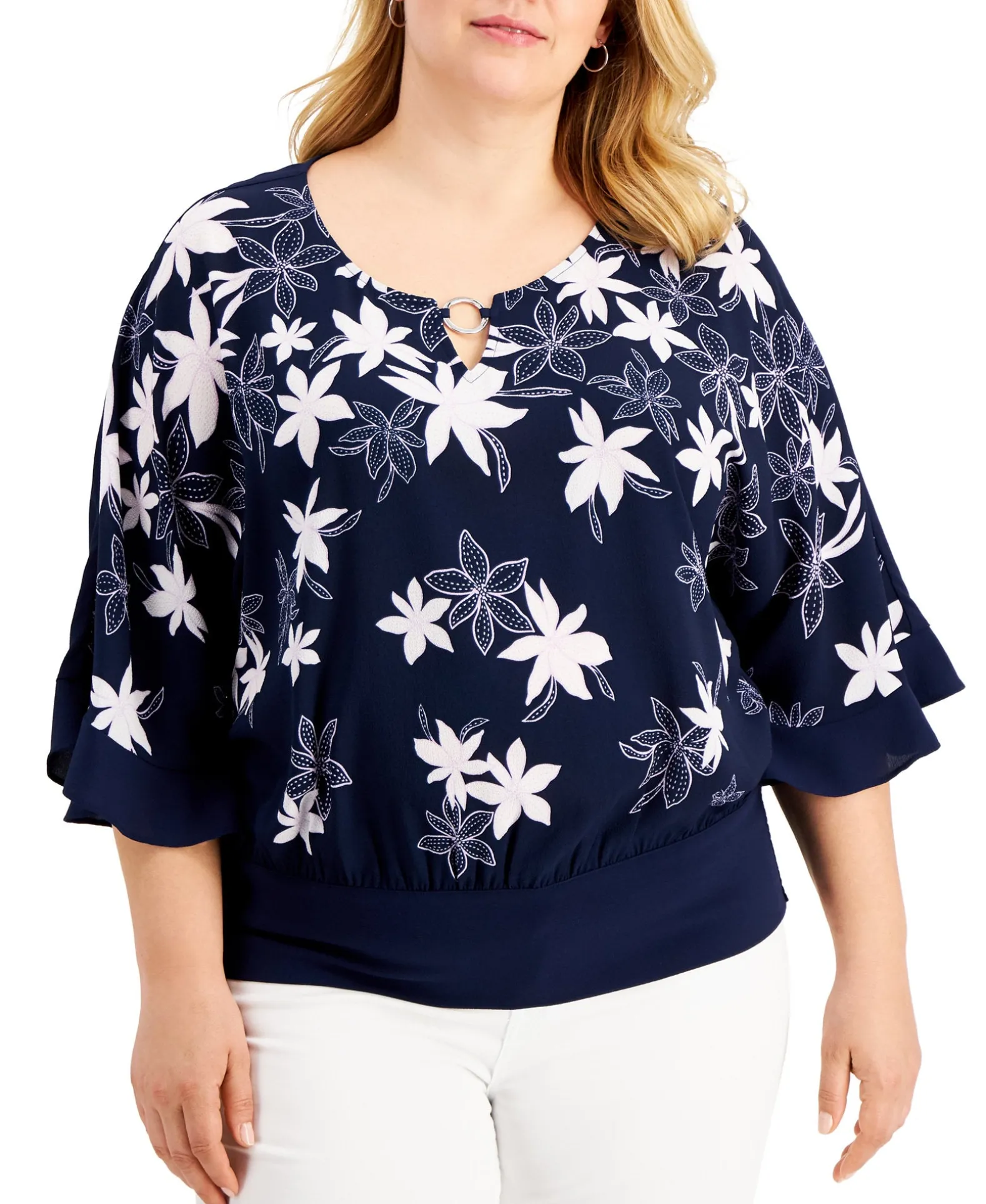 Women's Plus Printed O-Ring Ruffle-Sleeve Top