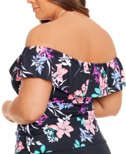 Women's Plus Printed Ruffled Off-The-Shoulder Tankini Top