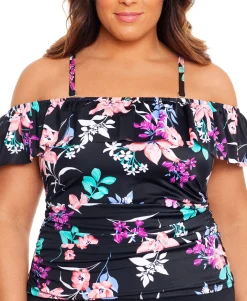 Women's Plus Printed Ruffled Off-The-Shoulder Tankini Top