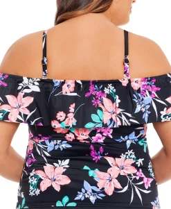 Women's Plus Printed Ruffled Off-The-Shoulder Tankini Top