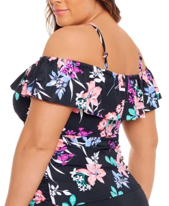 Women's Plus Printed Ruffled Off-The-Shoulder Tankini Top