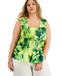 Women's Plus Printed Smocked-Waist Peplum Top