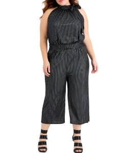 Women's Plus Tie-Neck Dot-Print Jumpsuit