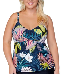 Women's Plus Trendy Aries Whitehaven Bloom Printed Tankini Top