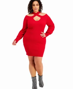 Women's Plus Trendy Crossover Shoulder Ribbed Sweater Dress