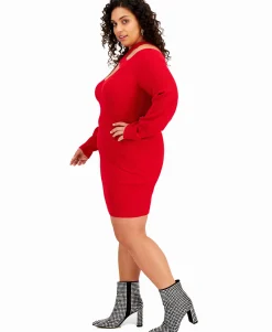 Women's Plus Trendy Crossover Shoulder Ribbed Sweater Dress