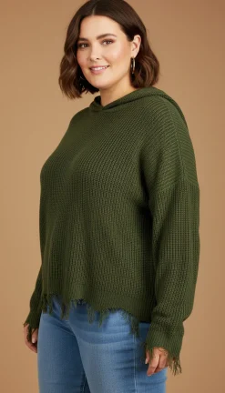 Women's Plus Trendy Hooded Distressed Sweater