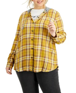 Women's Plus Trendy Hooded Plaid Button-Front Shirt