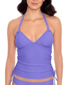 Women's Preppy Rib Side-Shirred Tankini Top