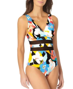 Women's Printed Mesh-Insert One-Piece Swimsuit