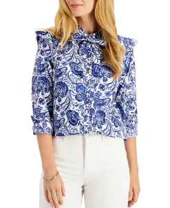 Women's Printed Tie-Neck Ruffle-Shoulder Shirt