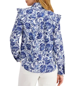 Women's Printed Tie-Neck Ruffle-Shoulder Shirt