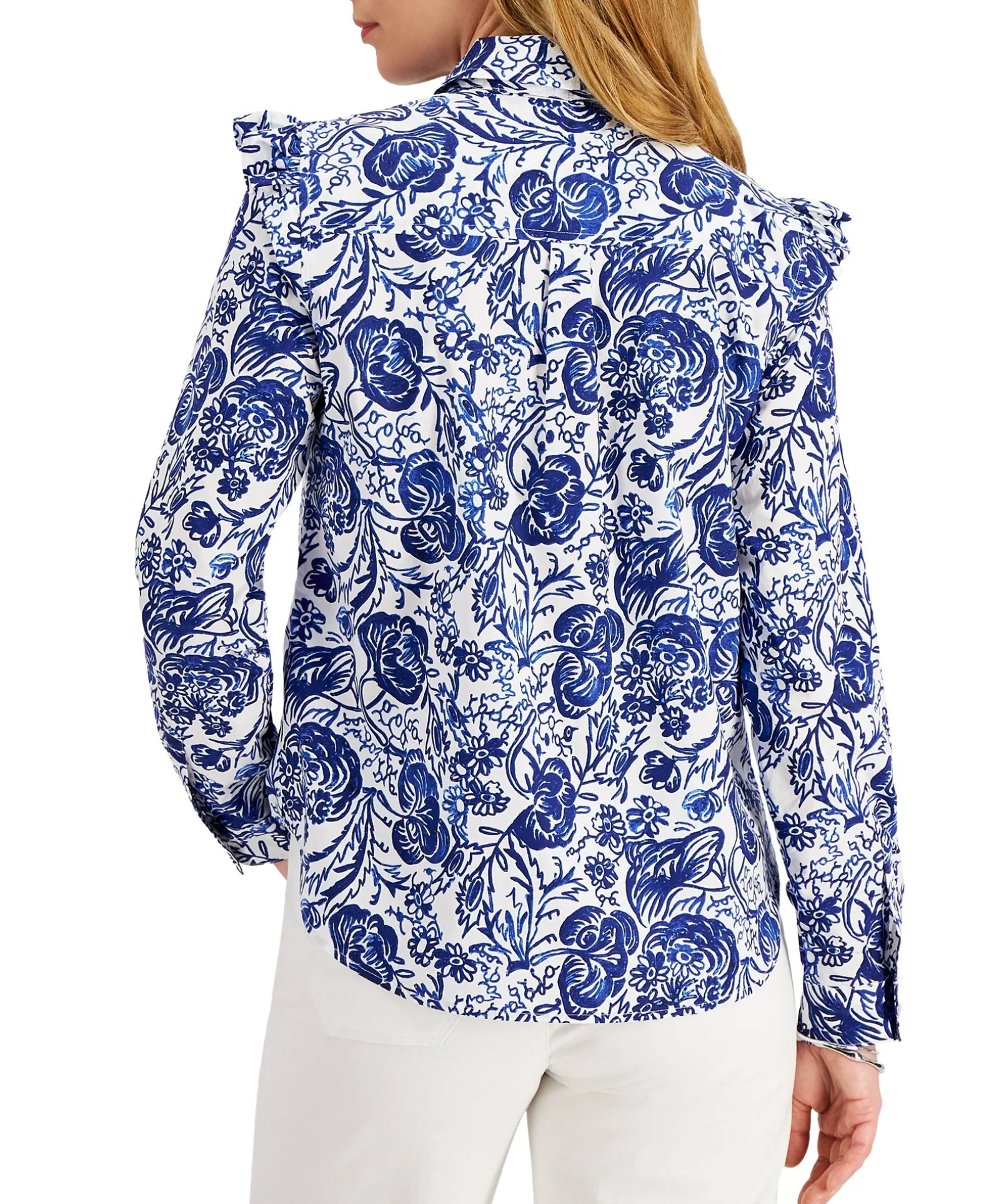 Women's Printed Tie-Neck Ruffle-Shoulder Shirt