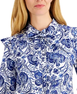 Women's Printed Tie-Neck Ruffle-Shoulder Shirt