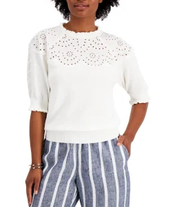 Women's Puff Sleeve Eyelet Neckline Sweater