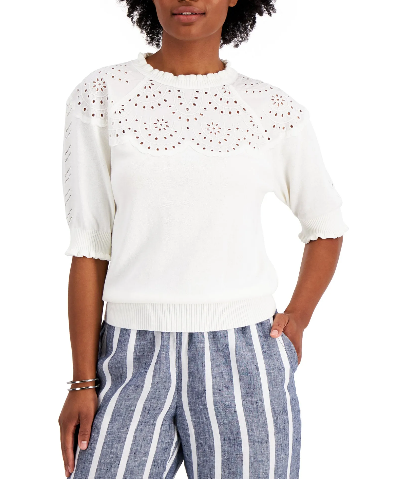 Women's Puff Sleeve Eyelet Neckline Sweater