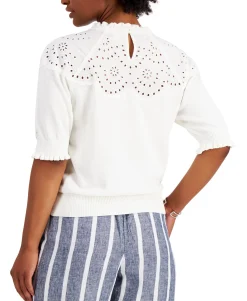Women's Puff Sleeve Eyelet Neckline Sweater