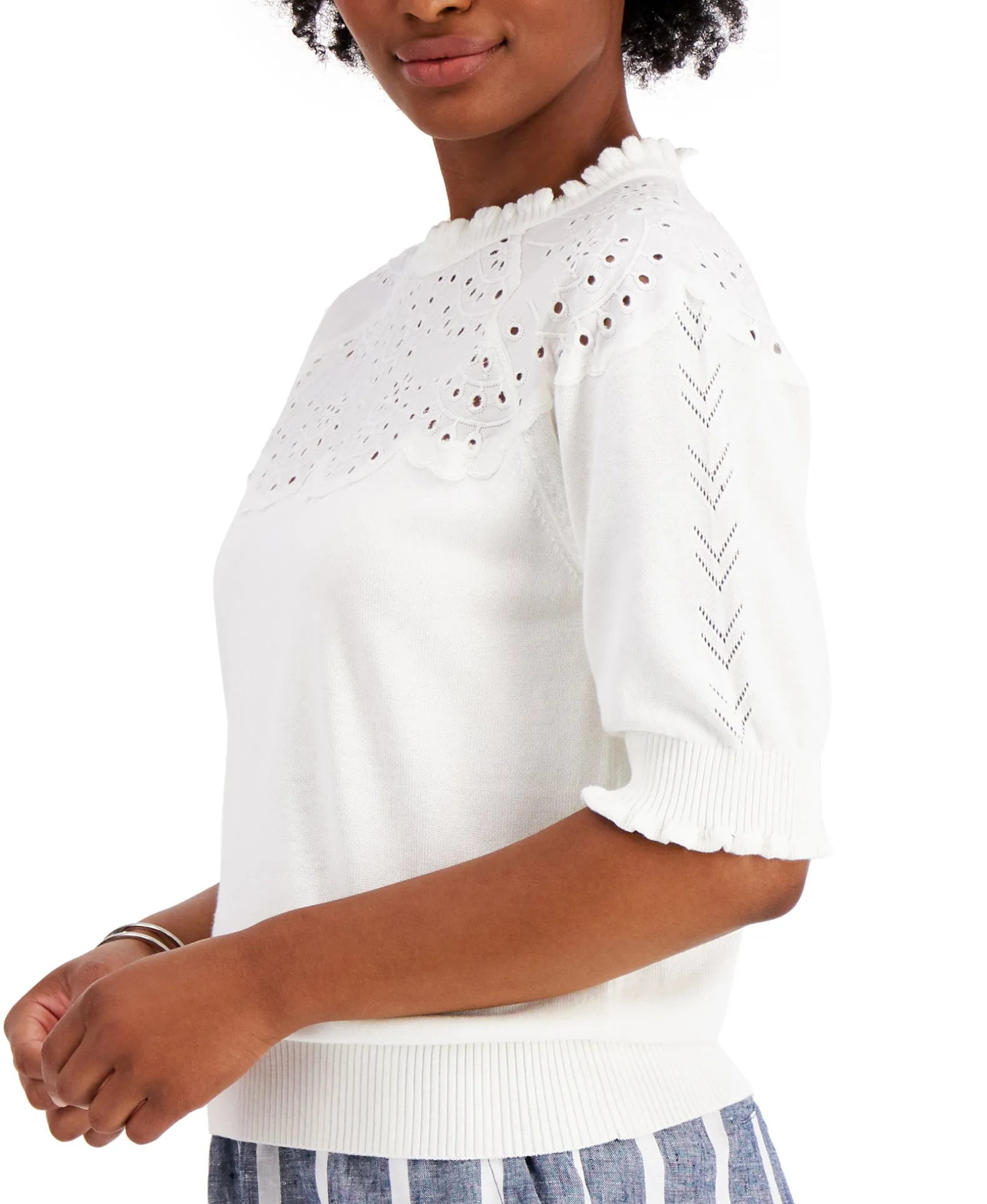 Women's Puff Sleeve Eyelet Neckline Sweater