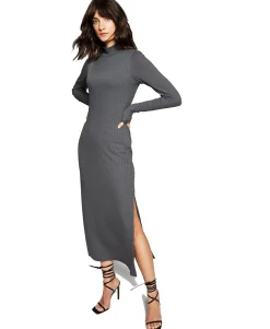 Women's Ribbed High-Neck Midi Dress