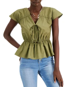 Women's Ruched Cotton V-Neck Blouse