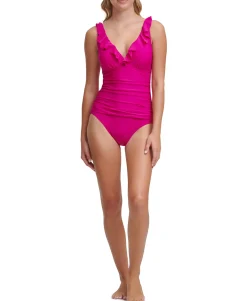 Women's Ruffle Plunge Underwire Tummy Control One-Piece Swimsuit