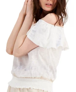 Women's Ruffled Cold-Shoulder Smocked Top
