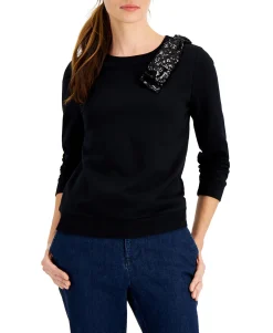 Women's Sequined Bow Long Sleeve Top