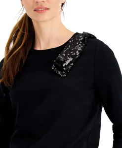 Women's Sequined Bow Long Sleeve Top