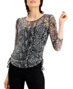 Women's Sheer Printed Drawstring Top