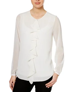 Women's Sheer-Stripe Ruffle-Front Blouse