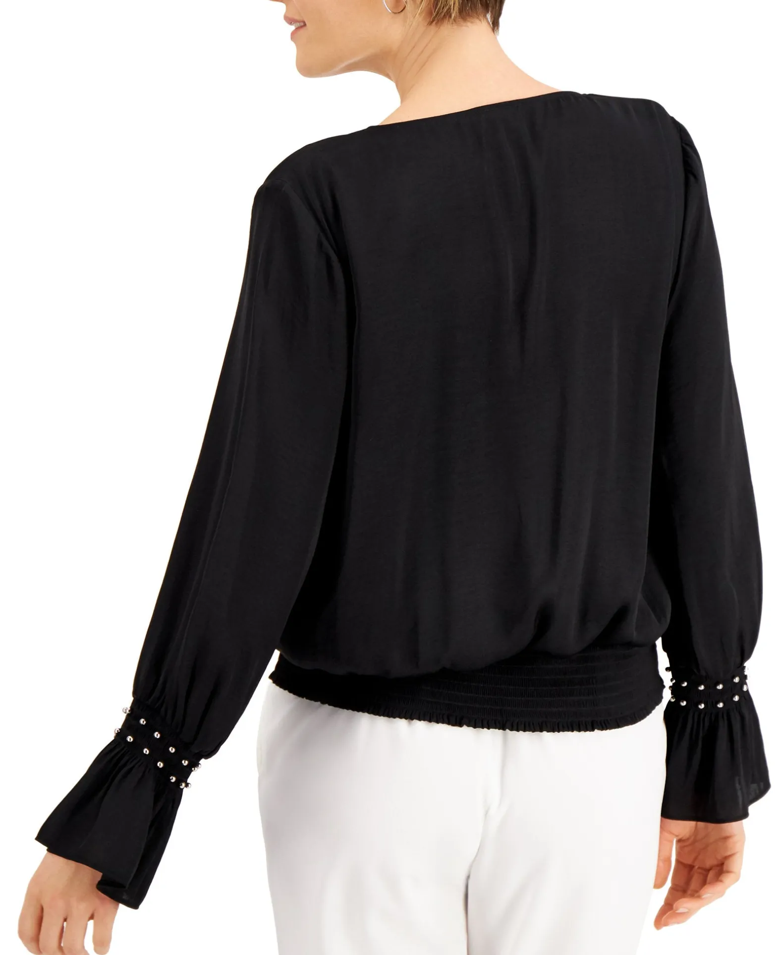 Women's Smocked-Hem Embellished-Cuff Blouse