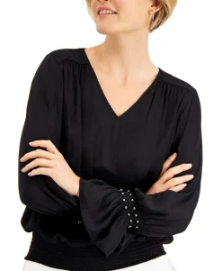 Women's Smocked-Hem Embellished-Cuff Blouse